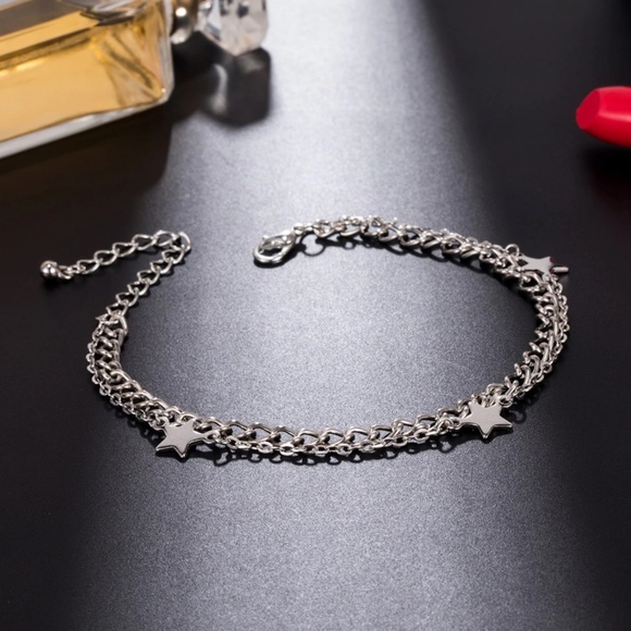 Layered Star Charm Silver Anklet Ankle Bracelet - Picture 2 of 5